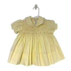 Baby Togs Vintage Yellow Smocked Dress Lace Collar Floral Embroidery 3-6 Months